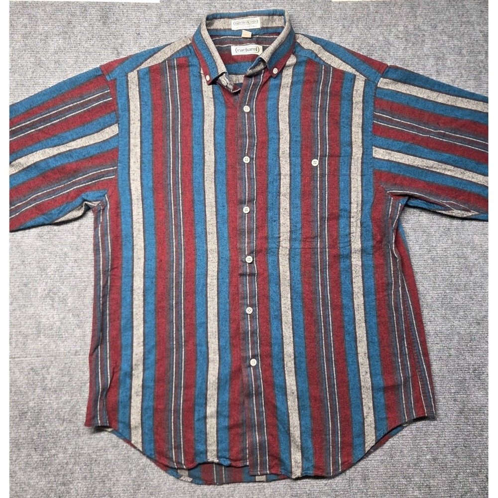 Vintage Cacharel 90s Striped Flannel Shirt Mens M Blue Red Western Button Down
